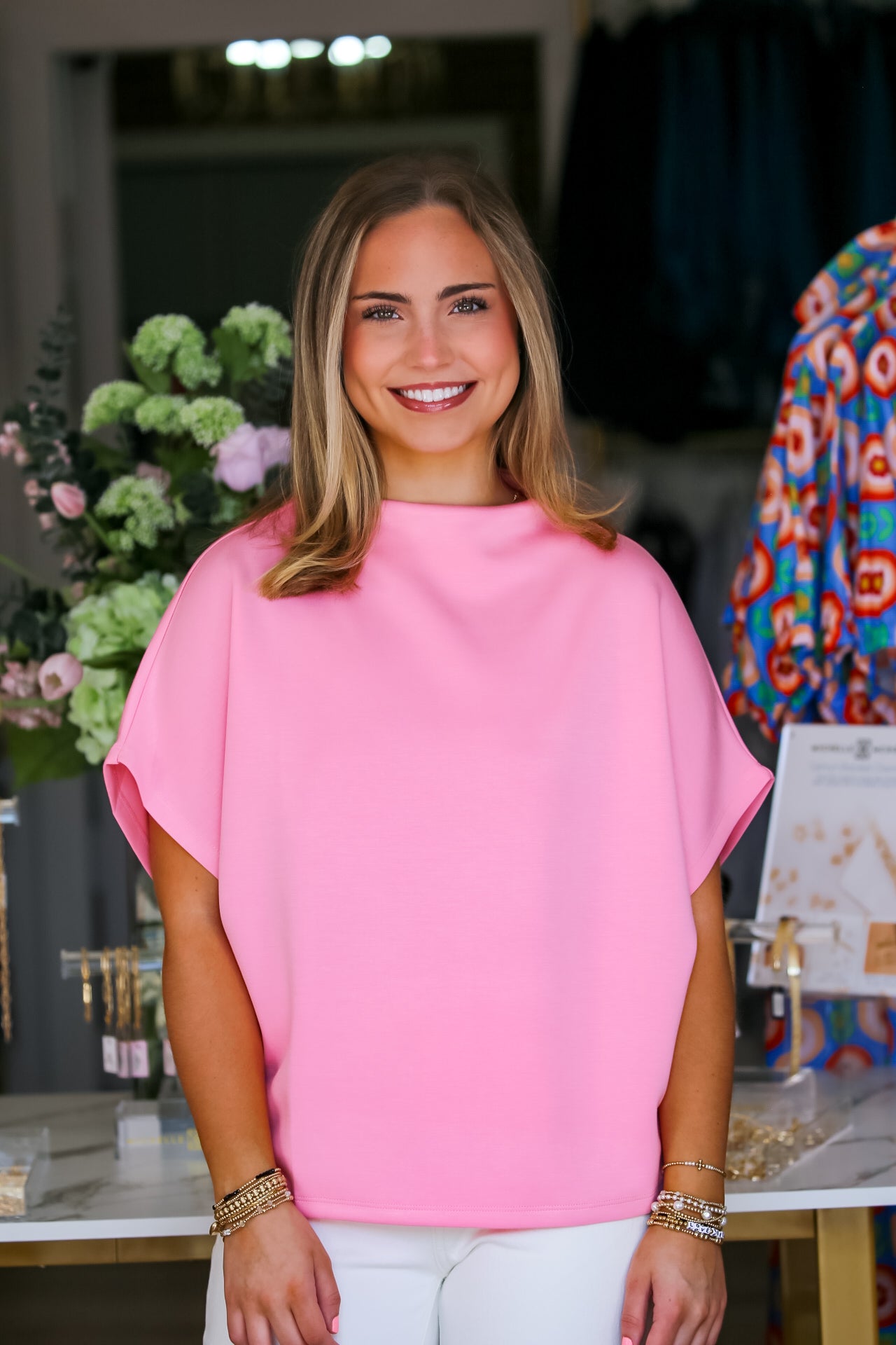 Mock Neck Sleeve Top in Pink