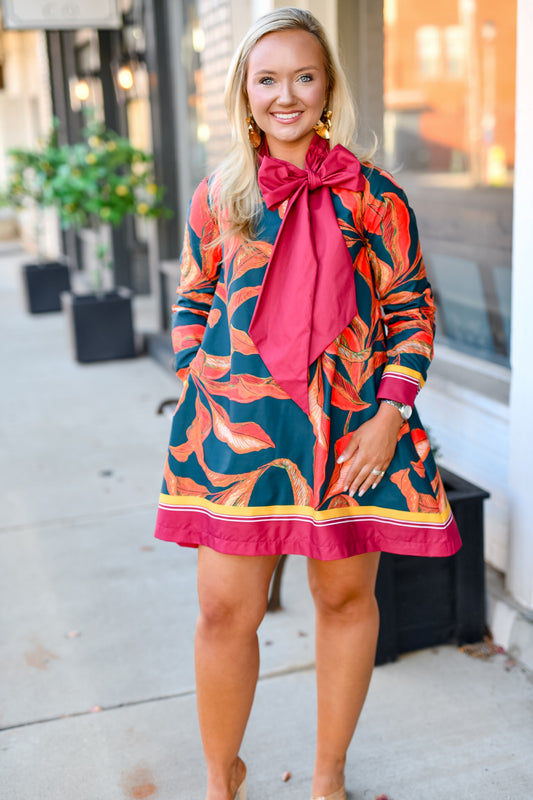 Bow Tie Print Mini Dress in Hunter Green