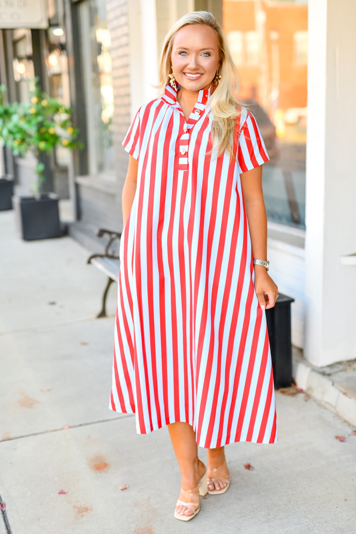 High Neck Stripe Midi Dress in Red