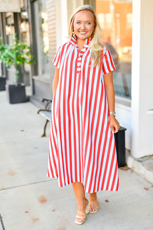 High Neck Stripe Midi Dress in Red