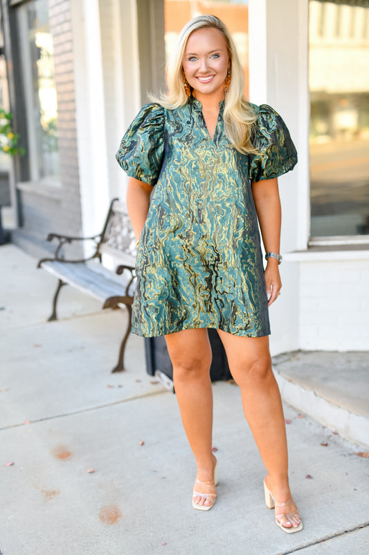 Metallic Jacquard Puff Sleeve Dress in Green