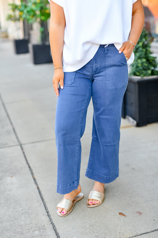 Cropped Wide Leg Color Denim Pants-Blackberry