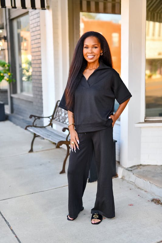 Scuba Collared Short Sleeve Pullover & Pants Set in Black