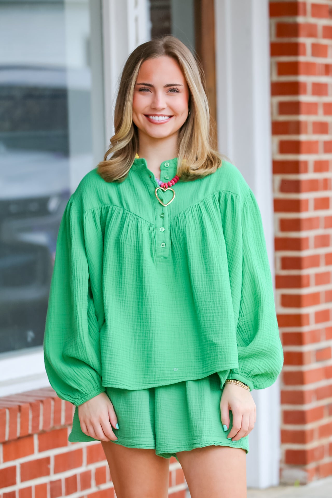 Garment Dyed Cotton Gauze Button Down Set in Green