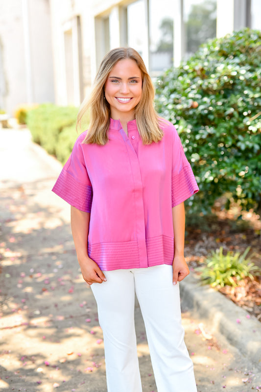 Mock Neck Stitch Detailed Button Down-Fuchsia