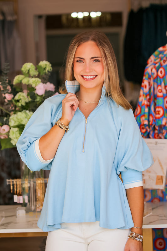 Mock Neck Half Zip Puff Sleeve Top in Blue
