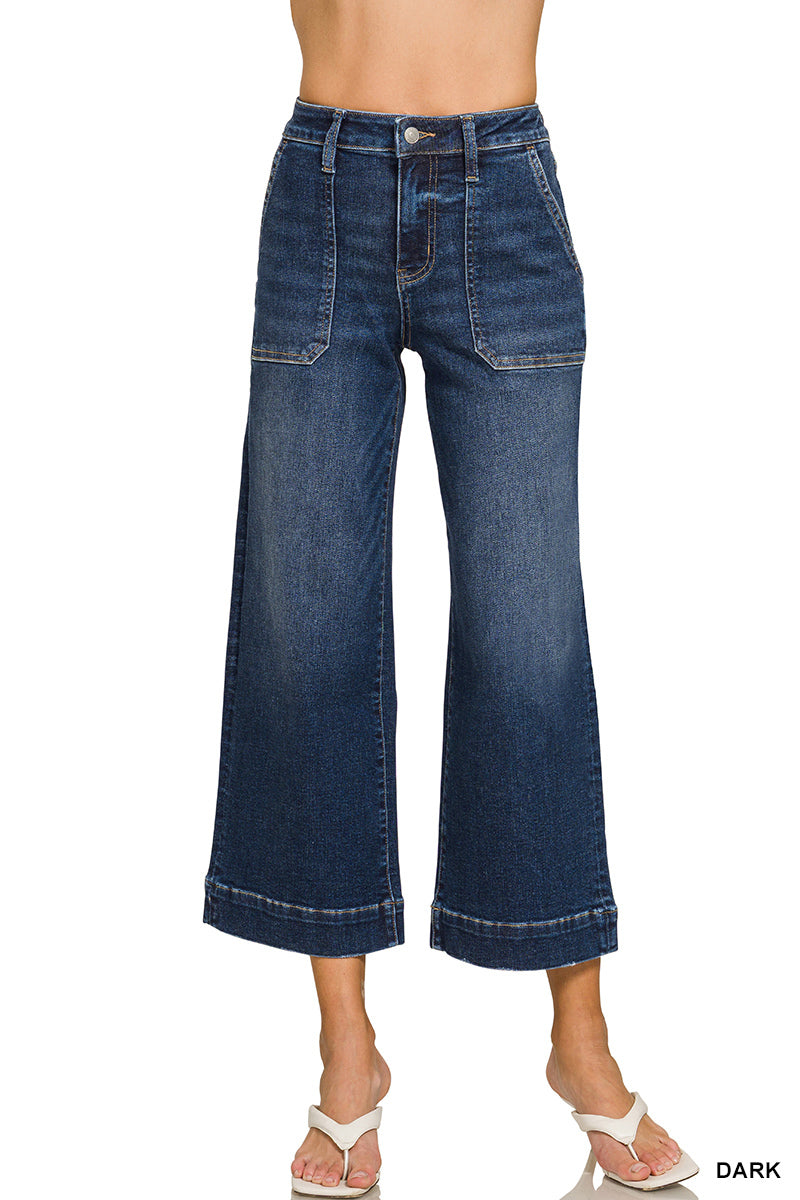 Utility Pocket Cropped Wide Leg Denim Pants