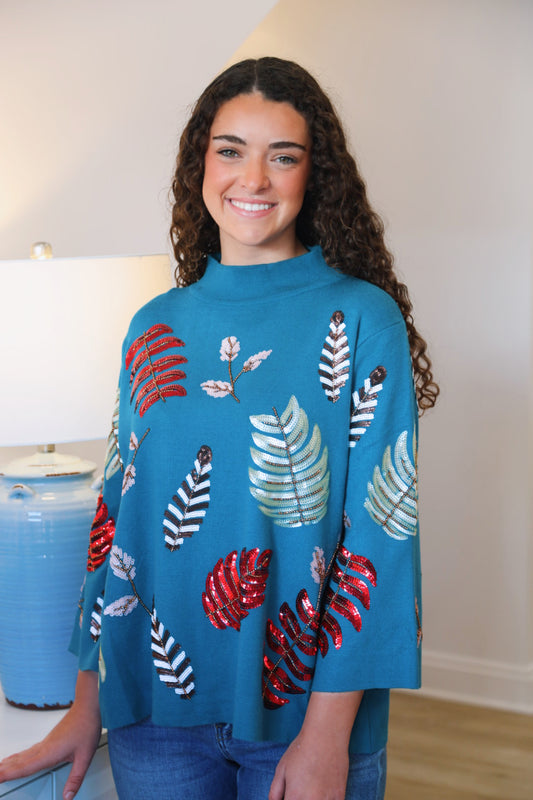 The Virginia Embellished Sweater in teal