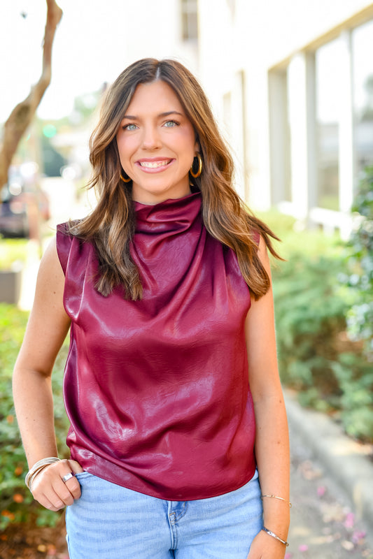 Simple Satin Top in Burgundy