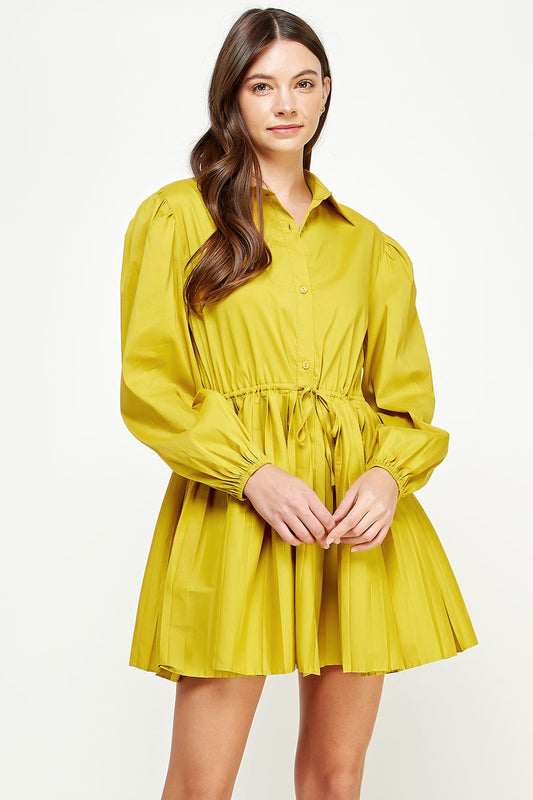 The Stevie Pleated Shirt Dress in Chartreuse