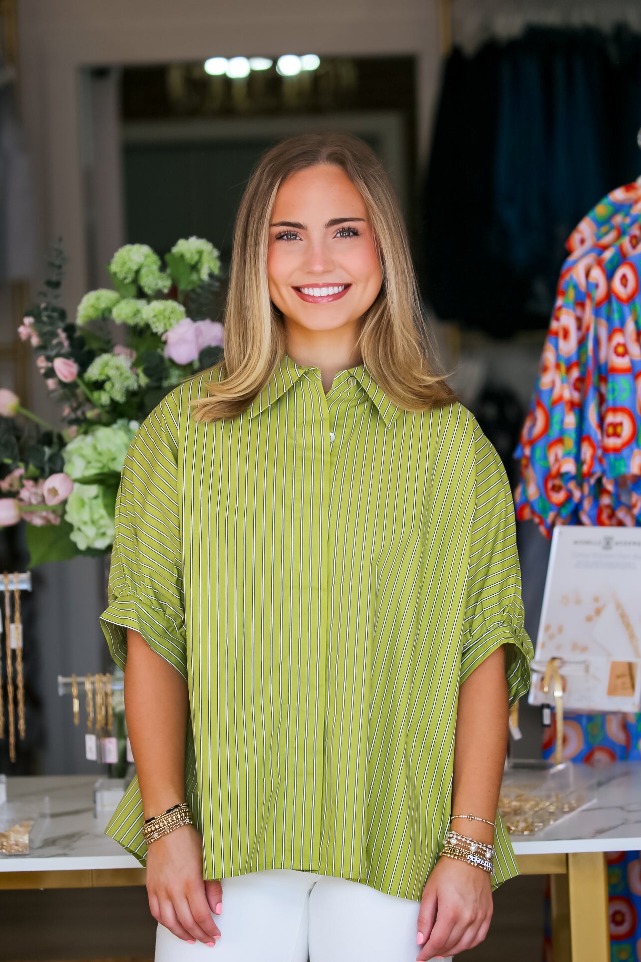 Button Down Oversized Stripe Shirt in Green