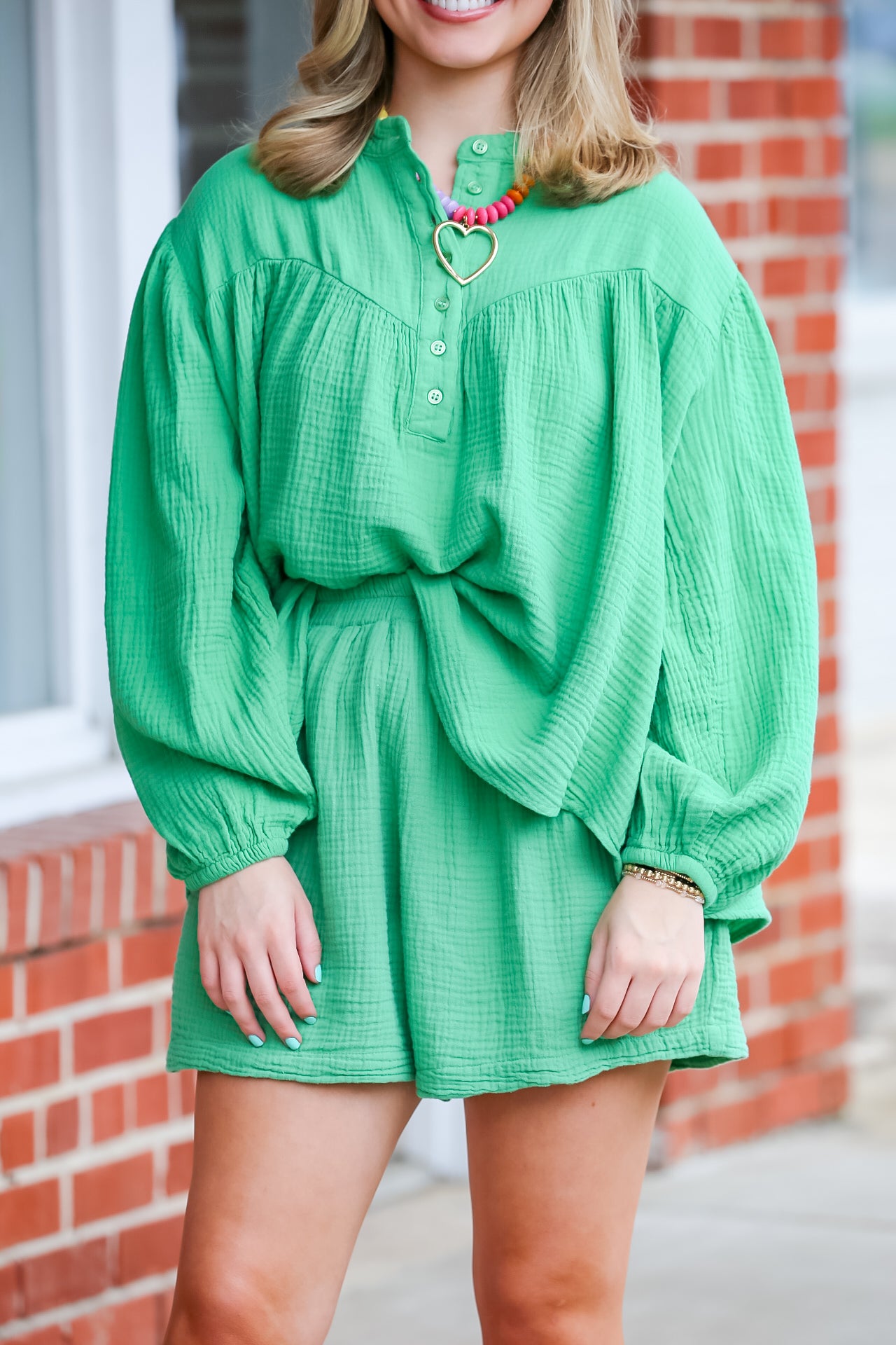 Garment Dyed Cotton Gauze Button Down Set in Green
