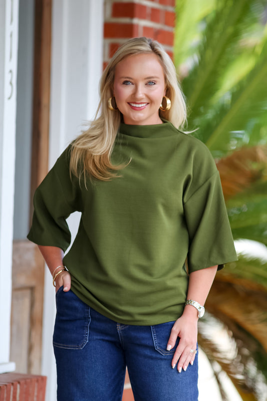 Mock Turtleneck Short Sleeve Top in Olive