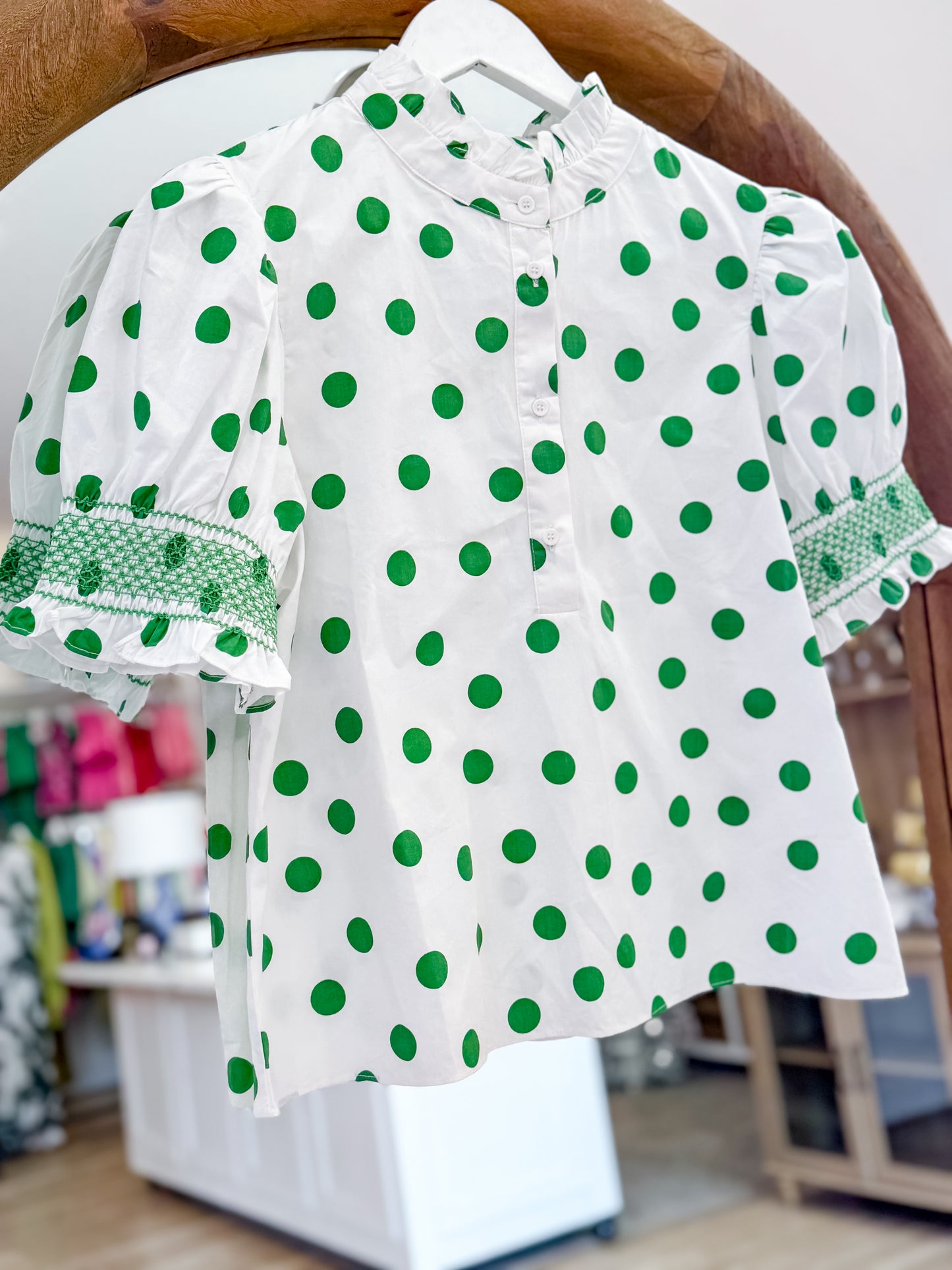 Polka Dot Puff Sleeve Blouse in White/Kelly Green