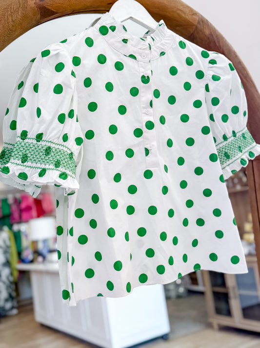 Polka Dot Puff Sleeve Blouse in White/Kelly Green