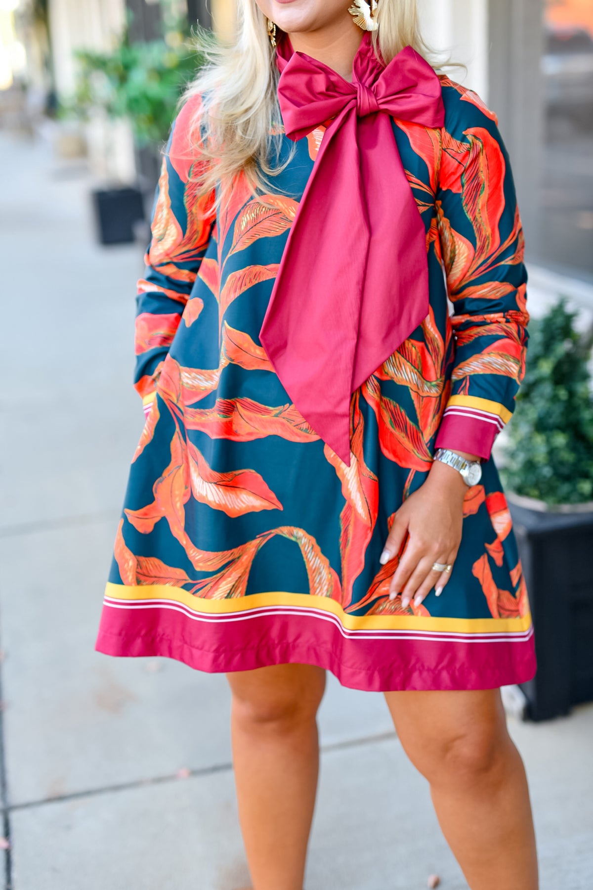 Bow Tie Print Mini Dress in Hunter Green