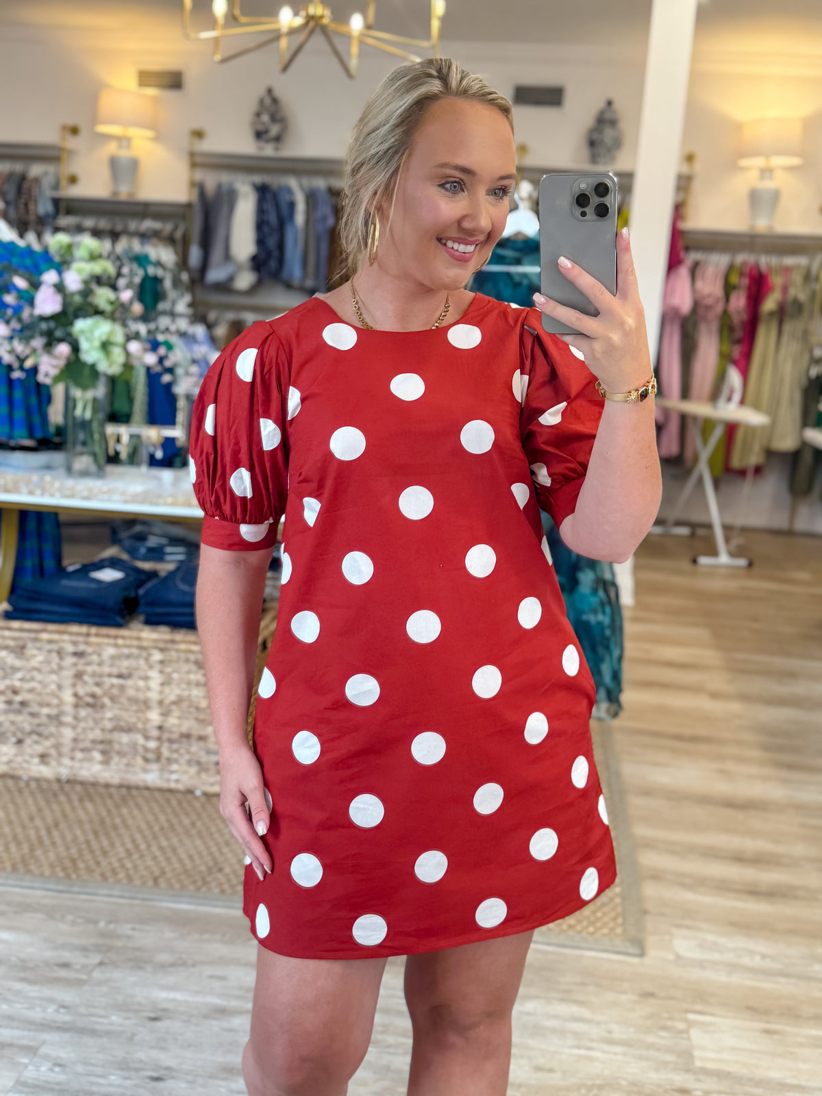 Puff Sleeve Polka Dot Mini Dress-Crimson/Off White
