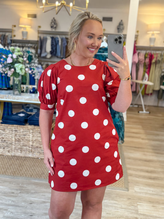 Puff Sleeve Polka Dot Mini Dress-Crimson/Off White