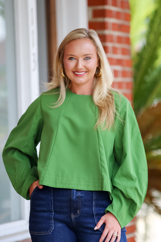 Volume Sleeve Crop Shirt in Green