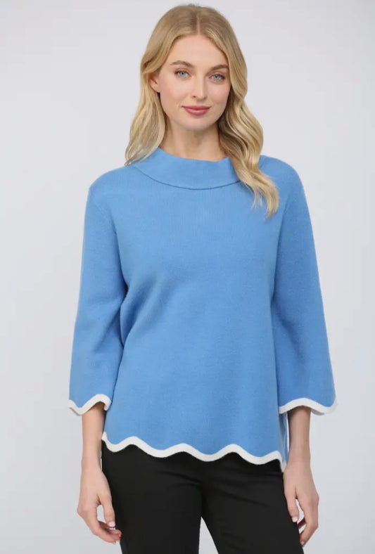 Scallop Edge Mock Neck Sweater-French Blue