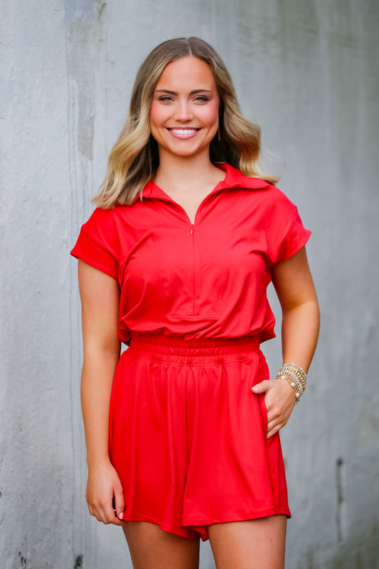 Butter Short Sleeve Quarter Zip Romper in Red