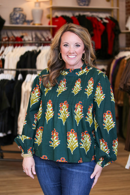 Emerald Floral Pintuck Detail Top