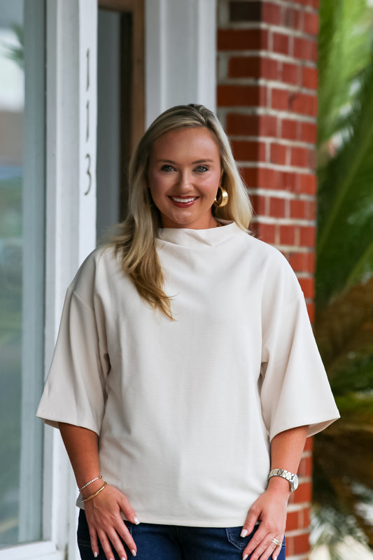 Mock Turtleneck Short Sleeve Top in Ivory