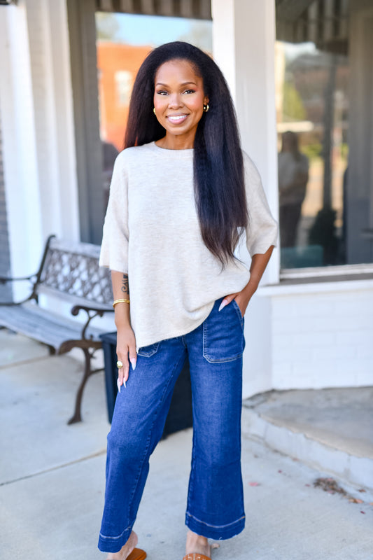 Short Sleeve Oversized Sweater in Heather Beige