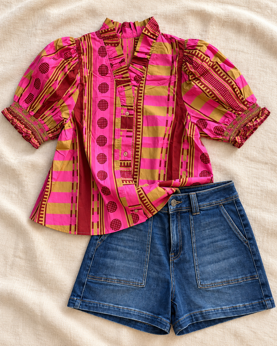 Geometric Print Ruffle Blouse in Plum