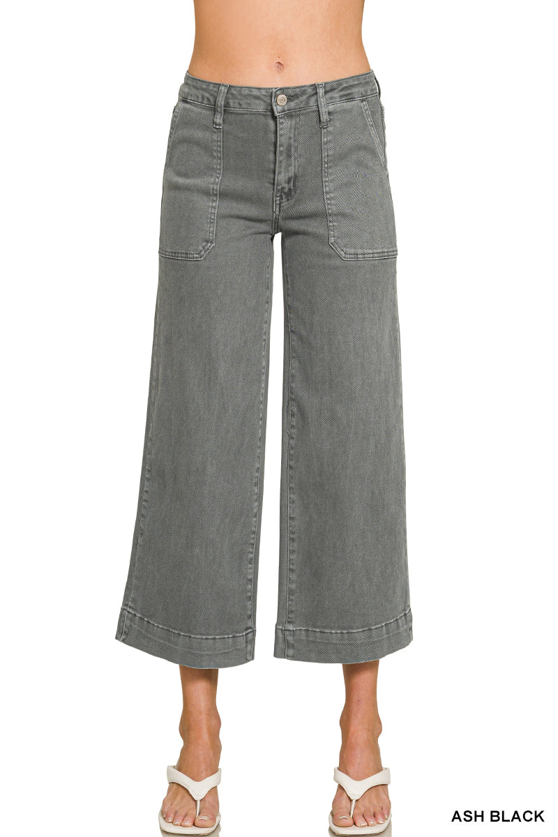 Cropped Wide Leg Color Denim Pants-Ash Black