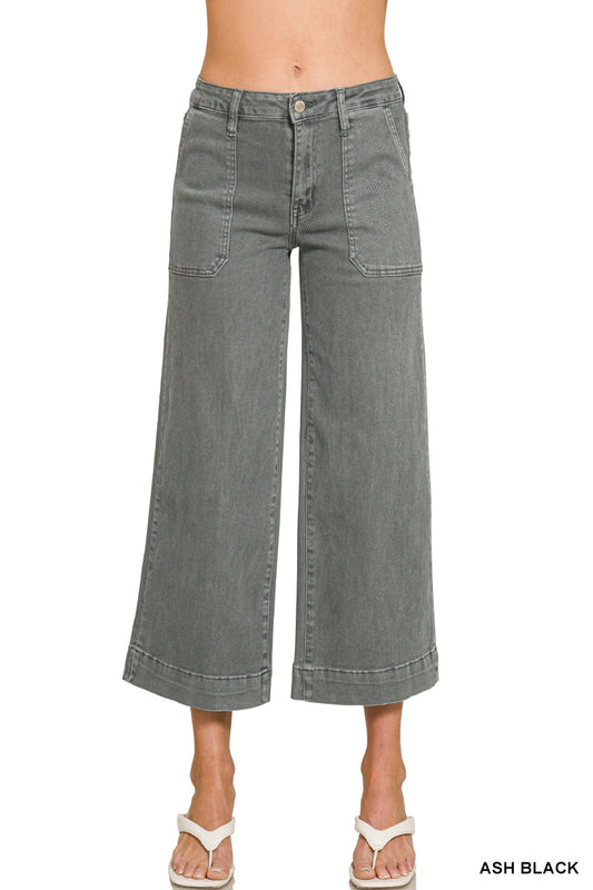 Cropped Wide Leg Color Denim Pants-Ash Black