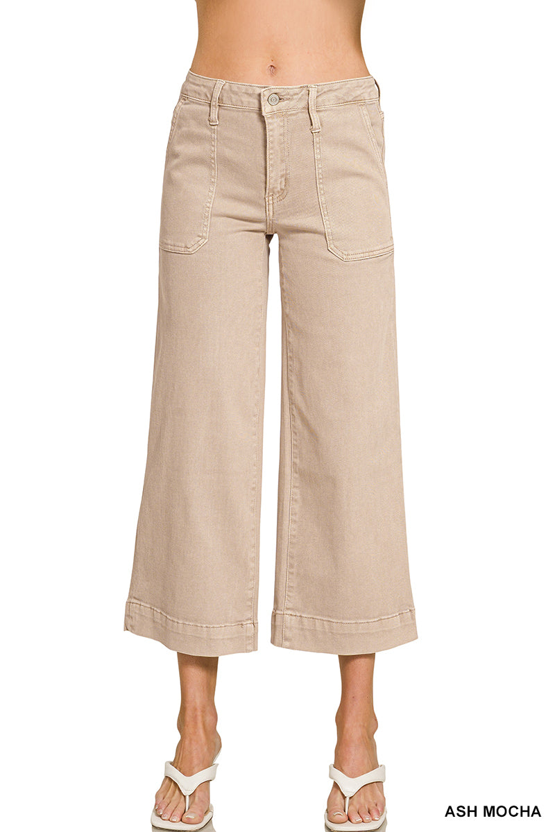 Cropped Wide Leg Color Denim Pants-Ash Mocha