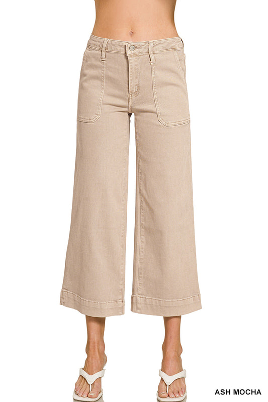 Cropped Wide Leg Color Denim Pants-Ash Mocha