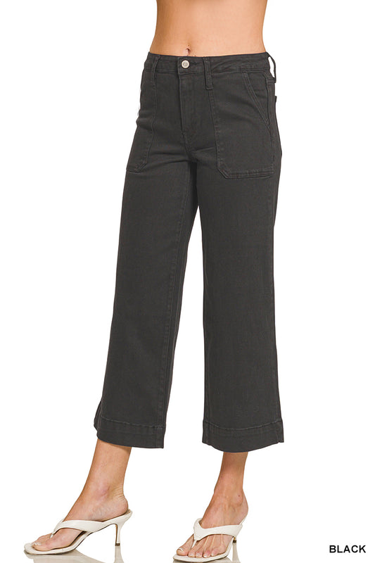 Cropped Wide Leg Color Denim Pants-Black