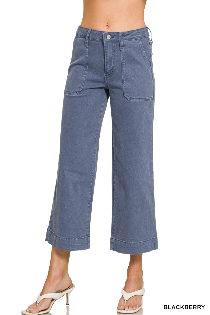 Cropped Wide Leg Color Denim Pants-Blackberry