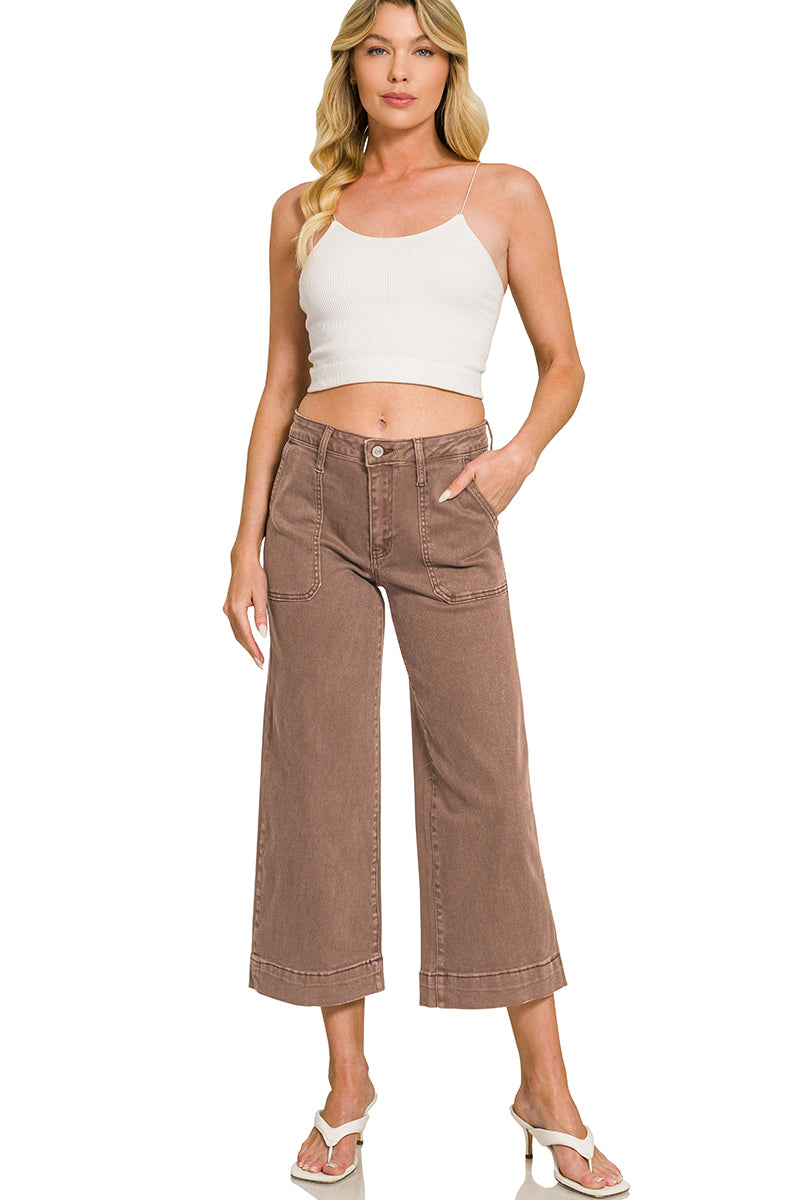Cropped Wide Leg Color Denim Pants-Brown