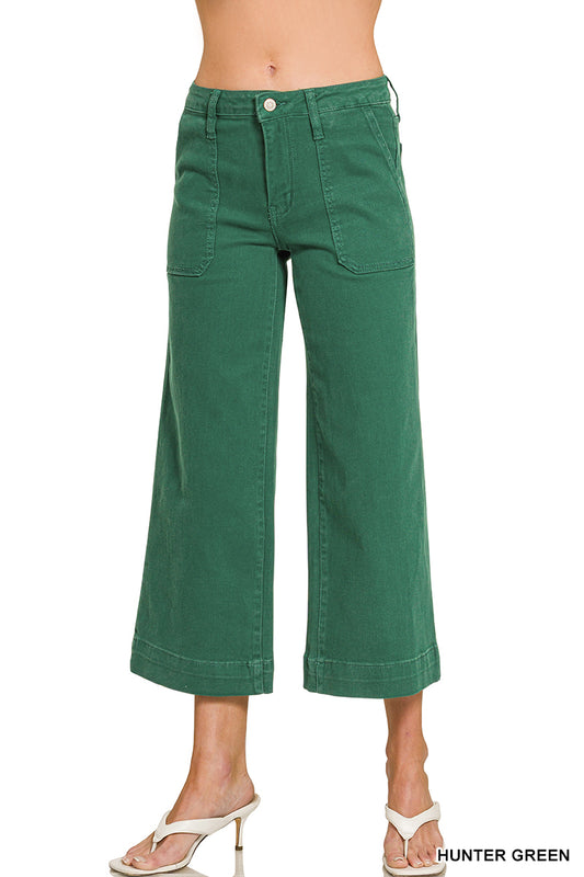 Cropped Wide Leg Color Denim Pants-Hunter Green