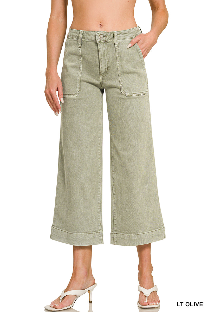 Cropped Wide Leg Color Denim Pants-Light Olive