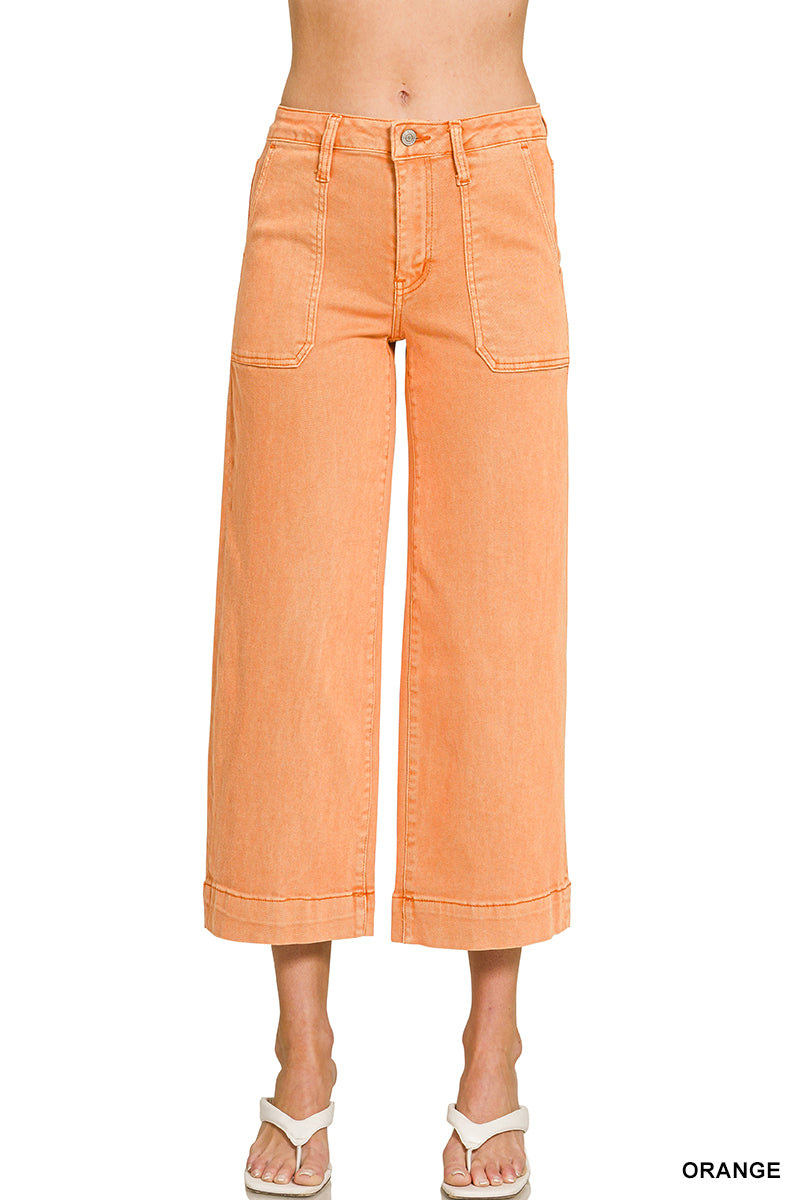 Cropped Wide Leg Color Denim Pants-Orange