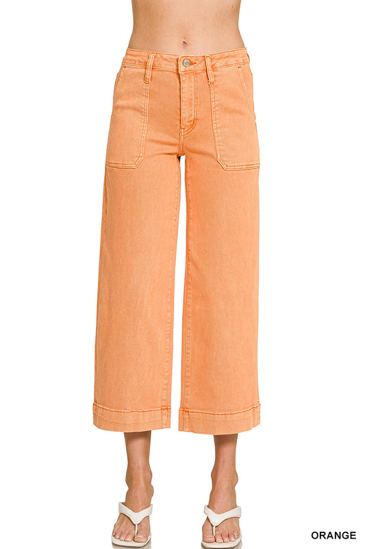 Cropped Wide Leg Color Denim Pants-Orange