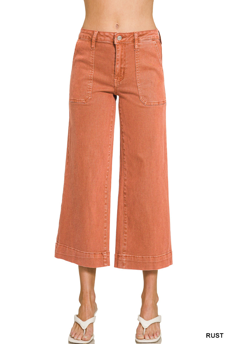 Cropped Wide Leg Color Denim Pants-Rust