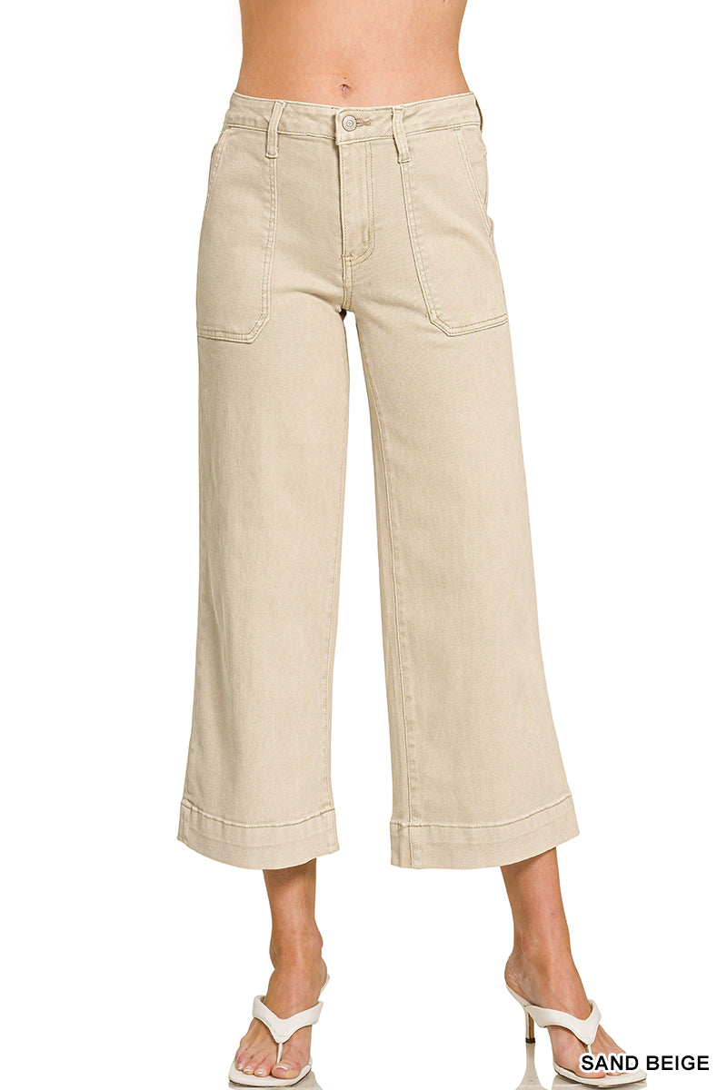 Cropped Wide Leg Color Denim Pants-Sand Beige