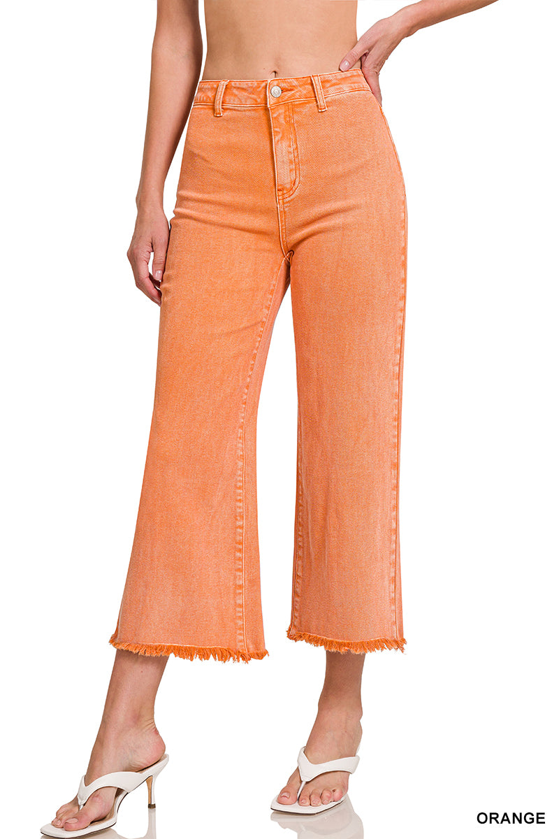 Acid Washed High Waist Frayed Hem Straight Pants-Orange