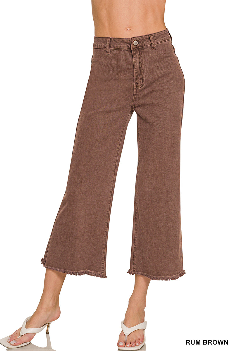 Acid Washed High Waist Frayed Hem Straight Pants-Rum Brown