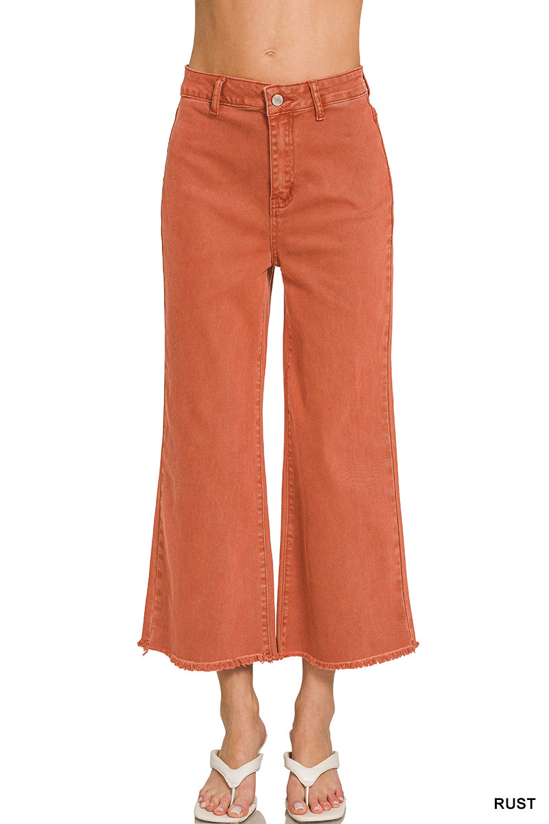 Acid Washed High Waist Frayed Hem Straight Pants-Rust