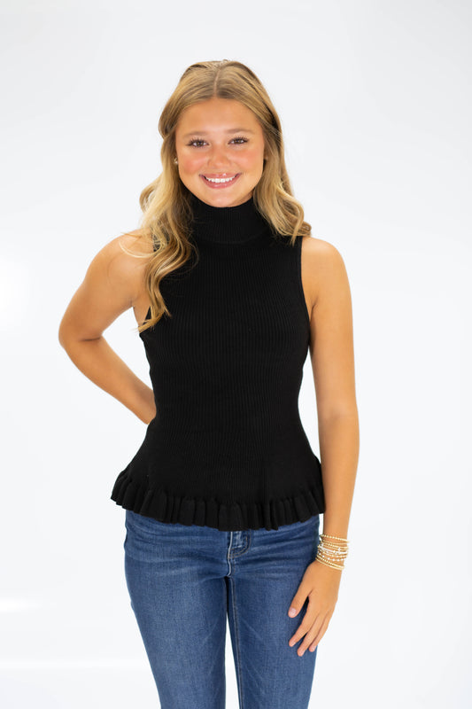Mock Neck Peplum Tank- Black