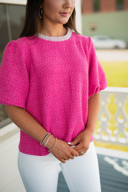 Pearl Trim Detailed Neck Bubble Sleeve Tweed Top