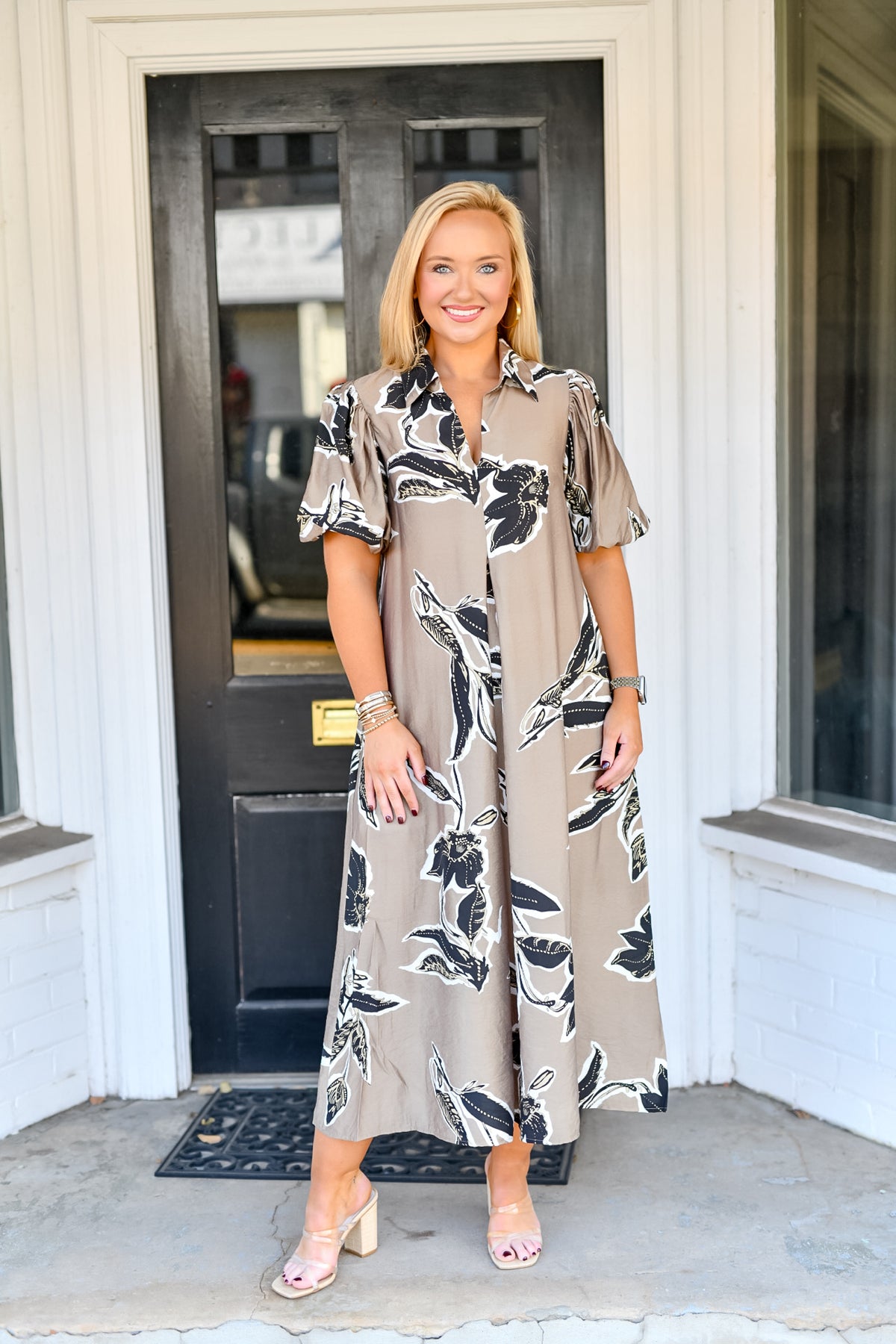 Print Puff Sleeve Midi Dress in Taupe