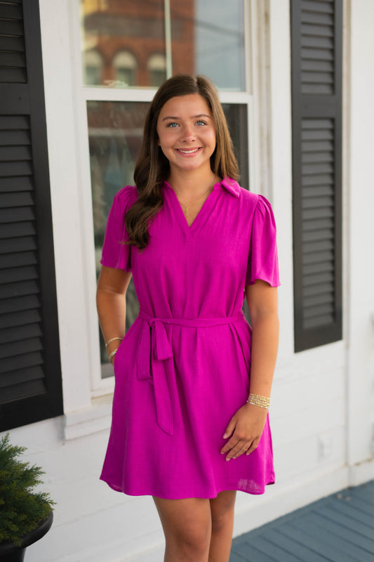 Nitza Linen Collared Dress in Magenta