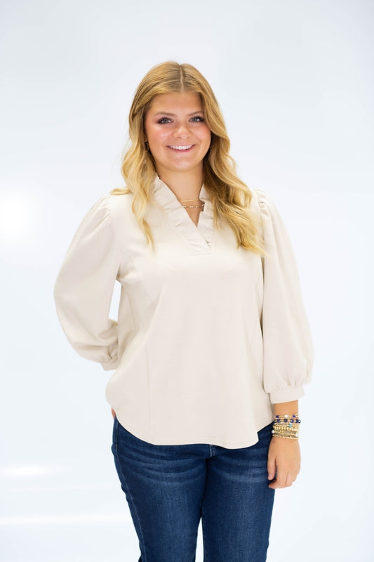Luxeknit Ruffle Neck Blouse-Ecru